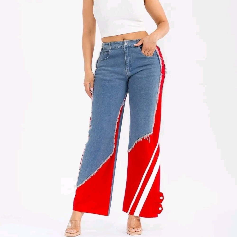 Hot & Delicious Side Stripes Jeans Mid Rise Color Block Straight Leg